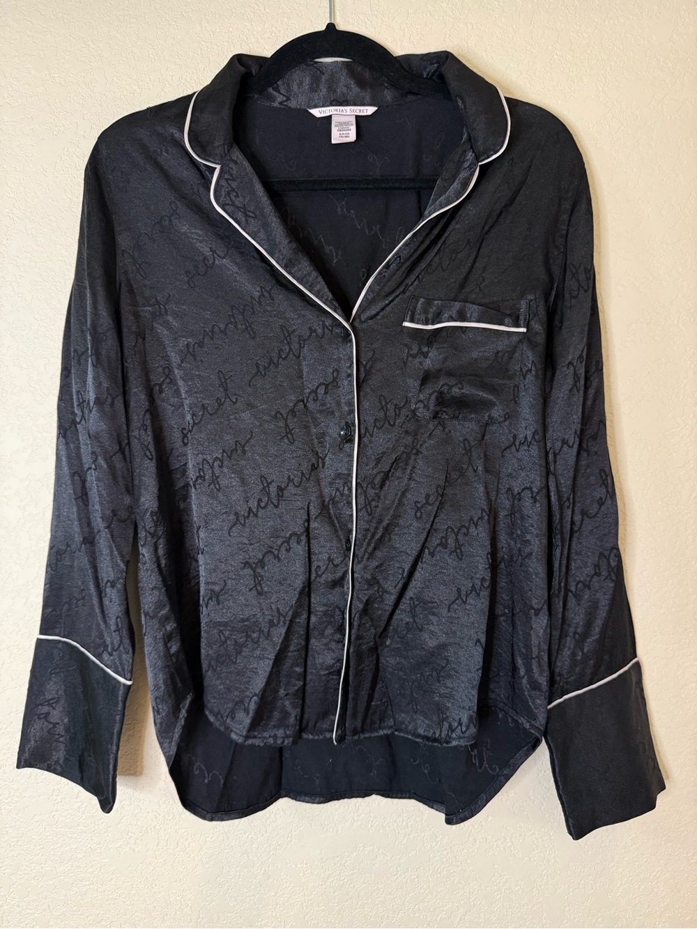 Victoria's Secret Black Satin Pajama Top with White Piping